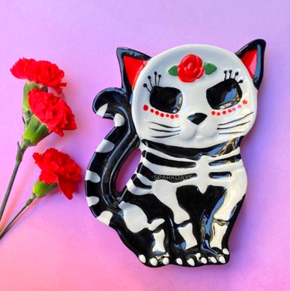 Sugar Skull Kitten Skeleton Cat Trinket Glossy Ceramic Jewelry Ashtray Plate